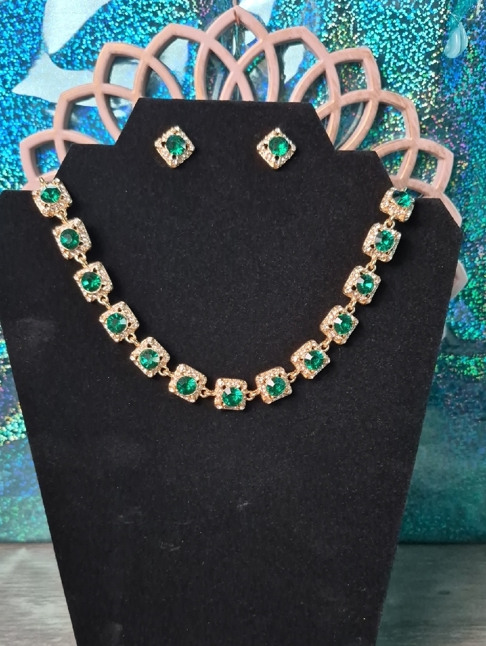 Elegant Gold Necklace & Earrings Set with Green Stones
